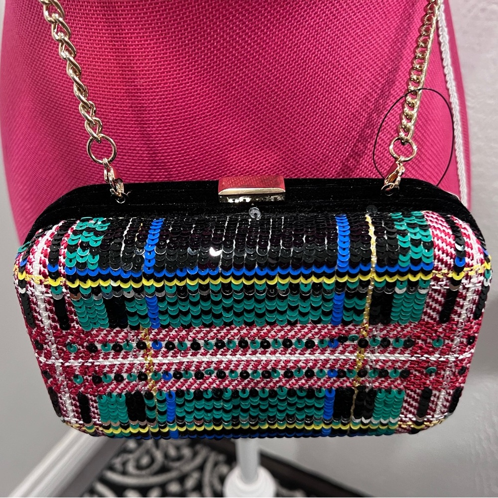 J.Crew Multicolor Sequin Holiday Stewart Plaid Chain Bag/Clutch